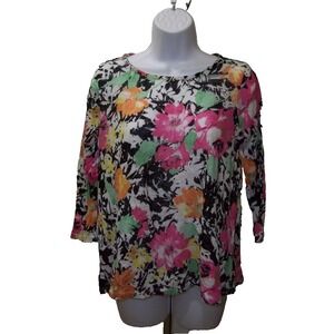 Ralph Lauren Womens Top Linen Knit PS Multicolor Floral 3/4 Sleeve Boho Chic Art
